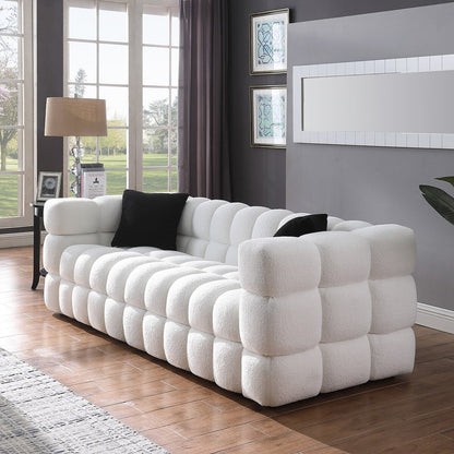 84.3 Luxueux grand canapé Boucle 3 places rembourré Marshmallow avec 2 coussins décoratifs carrés et accoudoirs carrés