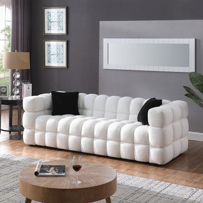 84.3 Luxueux grand canapé Boucle 3 places rembourré Marshmallow avec 2 coussins décoratifs carrés et accoudoirs carrés