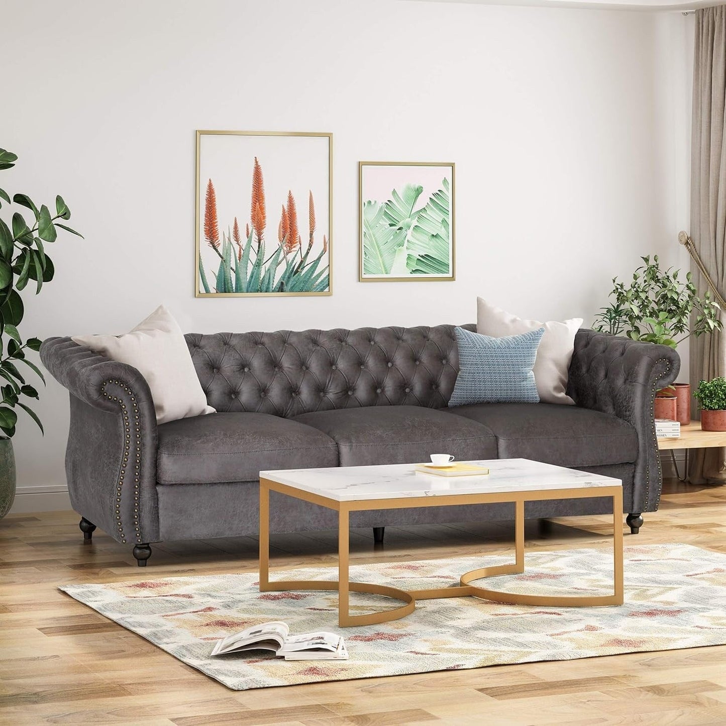 Canapé 3 places en velours de 84,5 pouces avec tissu doux, assise généreuse et structure légère