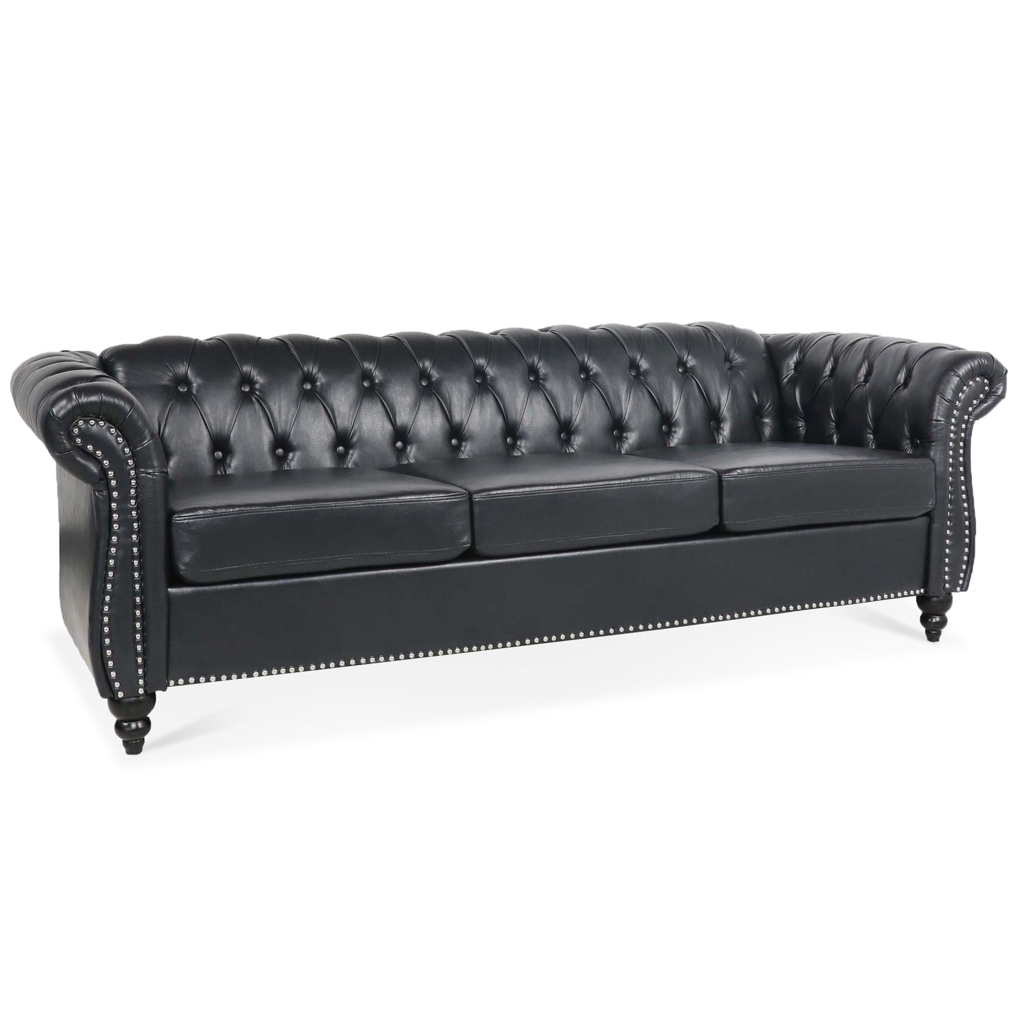 Canapé Chesterfield trois places en similicuir avec accoudoirs roulés