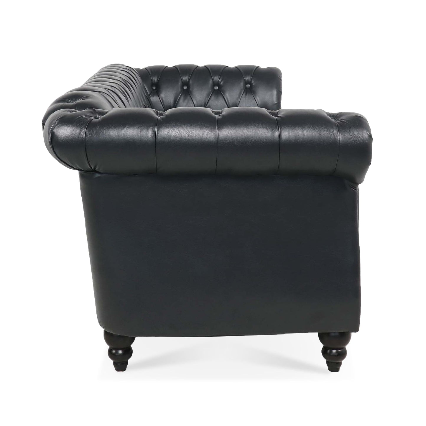 Canapé Chesterfield trois places en similicuir avec accoudoirs roulés