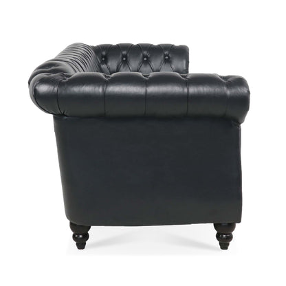 Canapé Chesterfield trois places en similicuir avec accoudoirs roulés