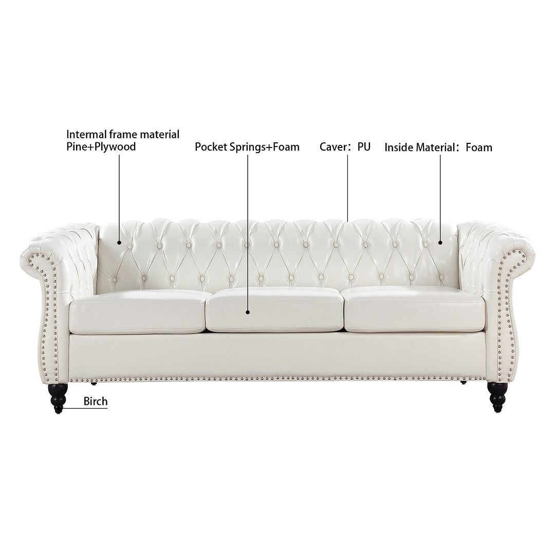 Canapé Chesterfield capitonné en similicuir avec accoudoirs roulés (84,65 po)