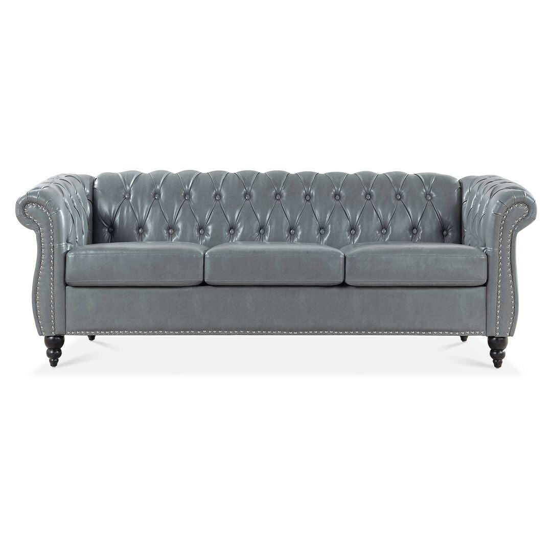 Canapé Chesterfield capitonné en similicuir avec accoudoirs roulés (84,65 po)
