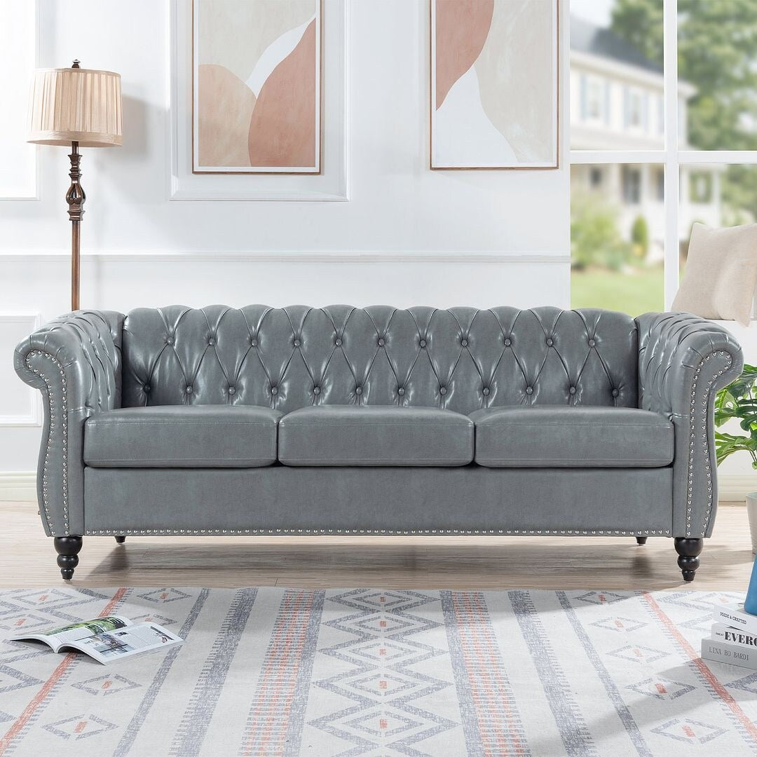 Canapé Chesterfield capitonné en similicuir avec accoudoirs roulés (84,65 po)