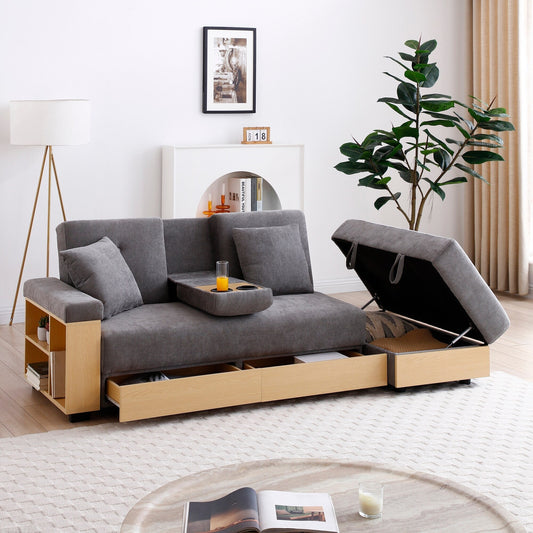 Canapé-lit convertible 3 places en coton et lin (84,65 €) avec pouf de rangement, table rabattable et 2 tiroirs