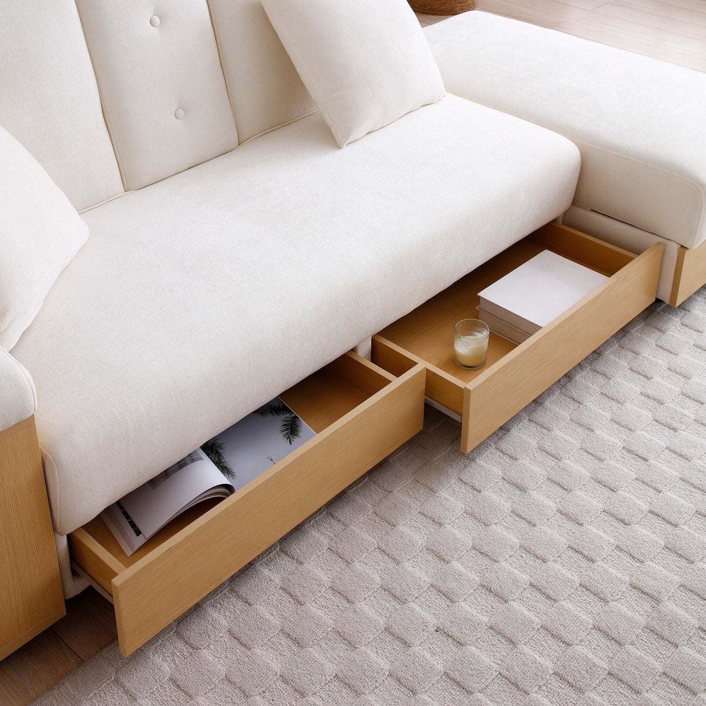 Canapé-lit convertible 3 places en coton et lin (84,65 €) avec pouf de rangement, table rabattable et 2 tiroirs