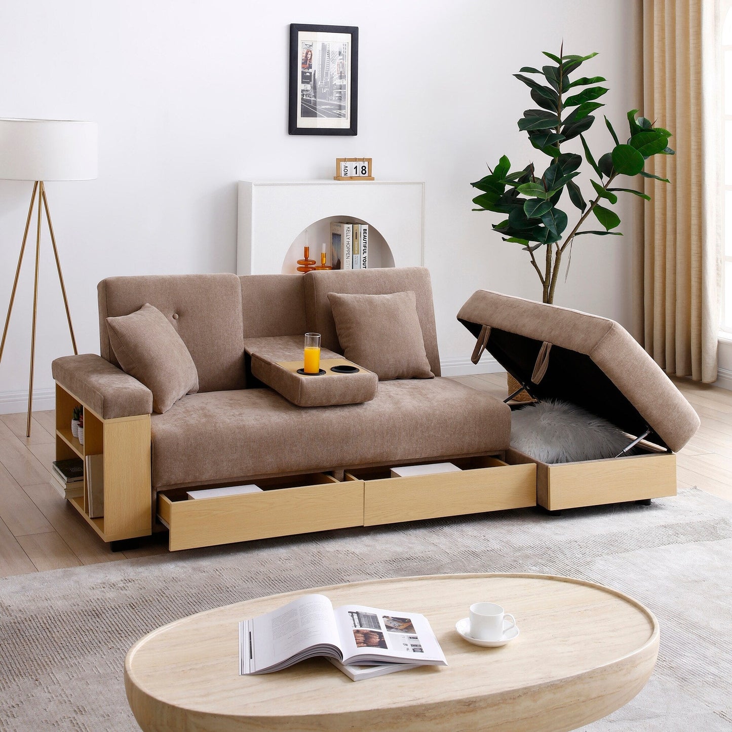 Canapé-lit convertible 3 places en coton et lin (84,65 €) avec pouf de rangement, table rabattable et 2 tiroirs