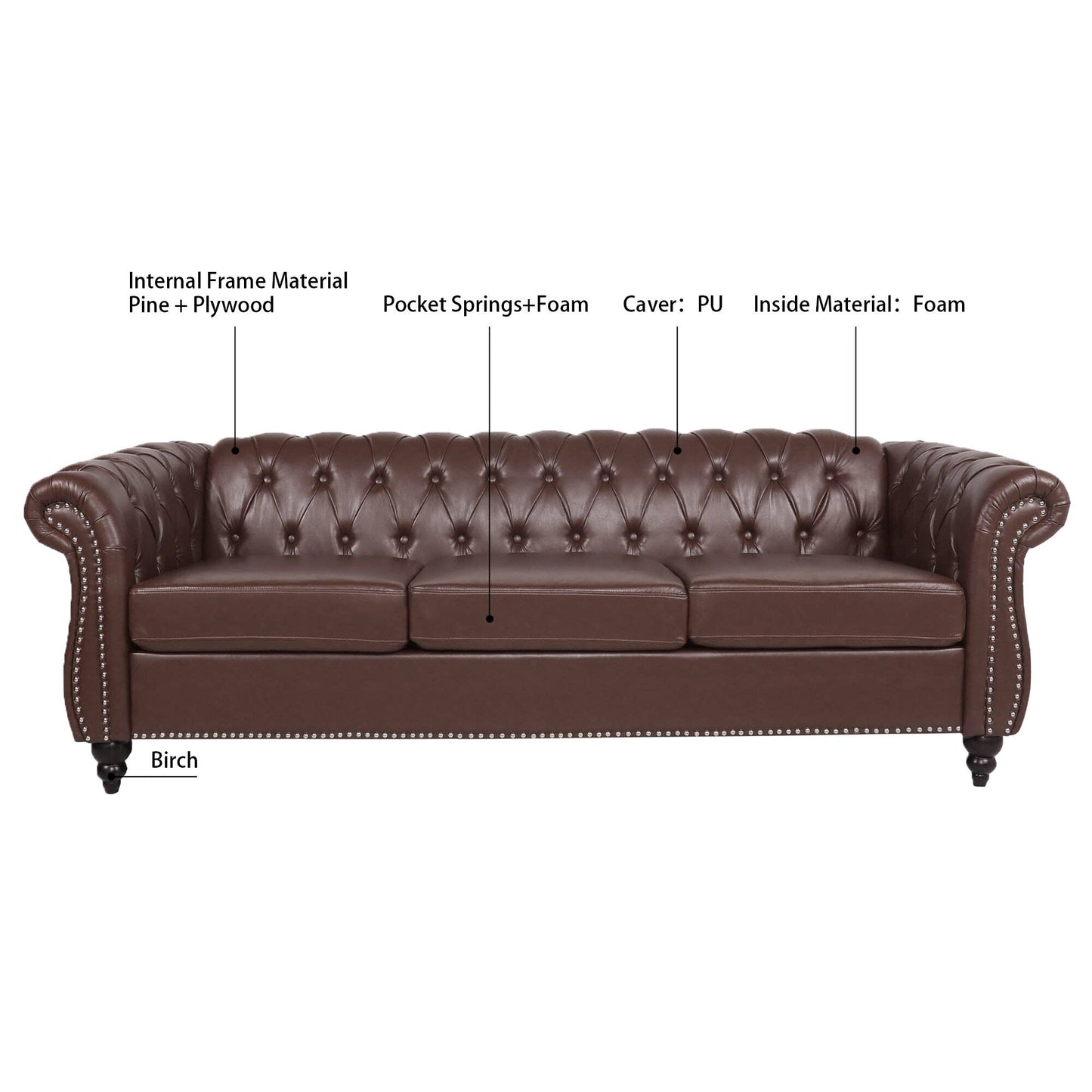Canapé Chesterfield en cuir synthétique (3 places) avec accoudoirs roulés (84,65 $)