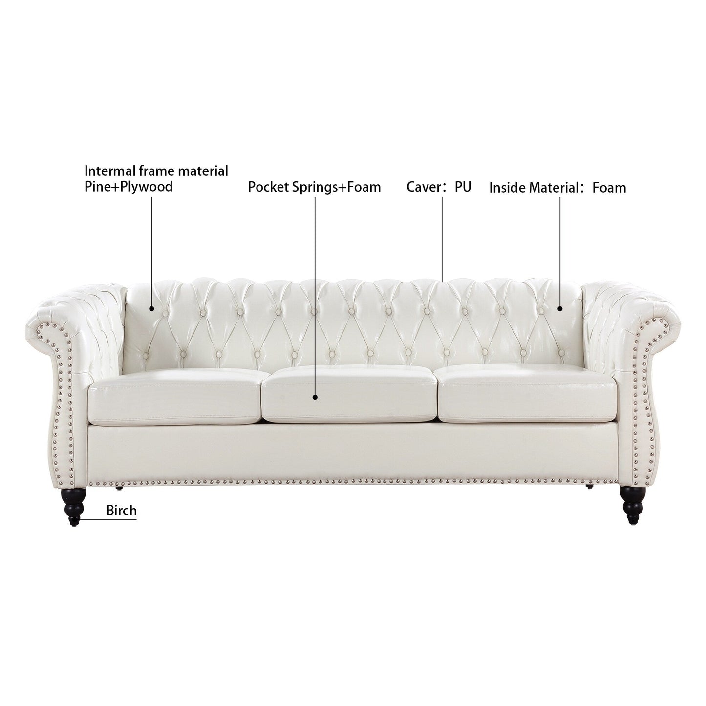 Canapé Chesterfield en cuir synthétique (3 places) avec accoudoirs roulés (84,65 $)