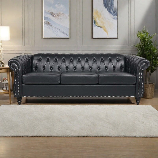 Canapé Chesterfield en cuir synthétique (3 places) avec accoudoirs roulés (84,65 $)