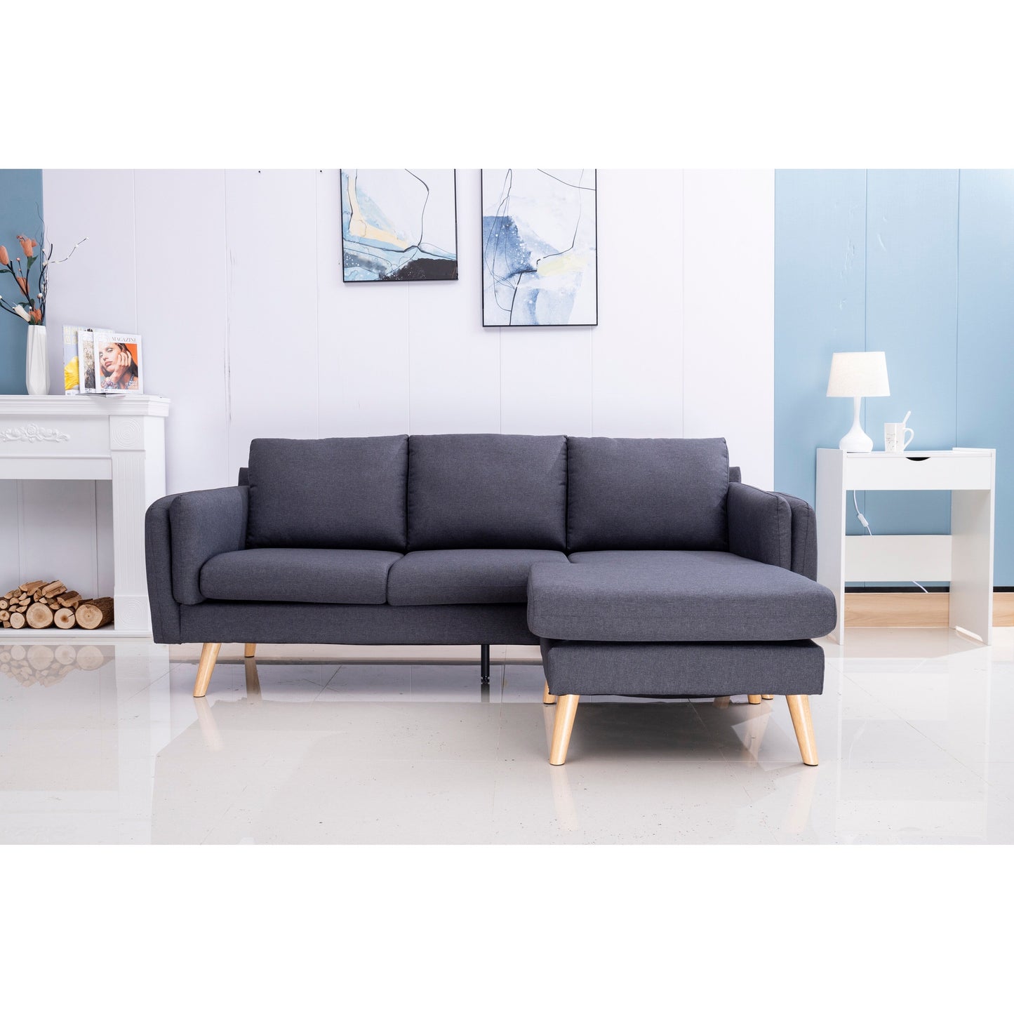 Canapé 3 places en L en lin de 84,6 pouces avec méridienne réversible, coussins à ressorts indépendants, structure en bois massif et accoudoirs doubles