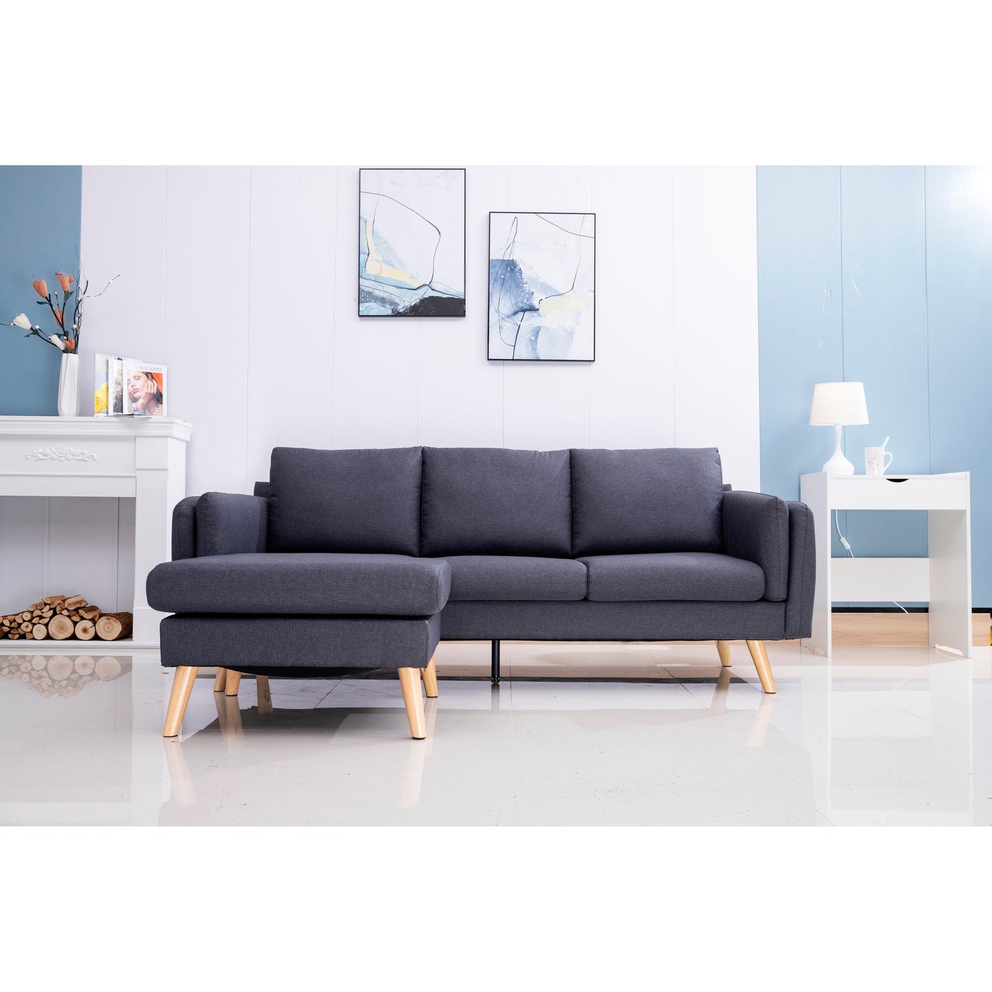 Canapé 3 places en L en lin de 84,6 pouces avec méridienne réversible, coussins à ressorts indépendants, structure en bois massif et accoudoirs doubles