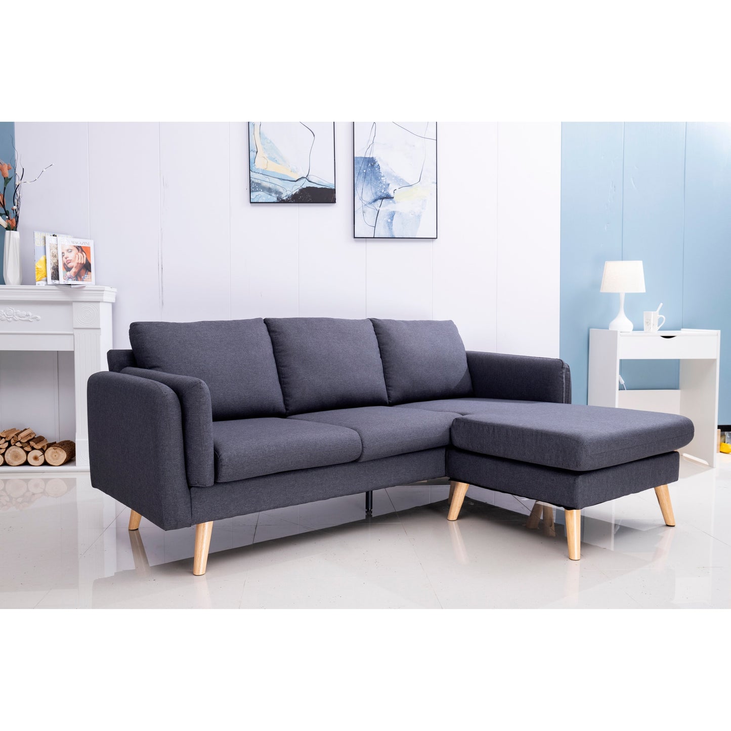 Canapé 3 places en L en lin de 84,6 pouces avec méridienne réversible, coussins à ressorts indépendants, structure en bois massif et accoudoirs doubles