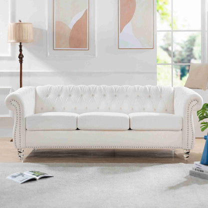 Canapé Chesterfield 3 places blanc à accoudoirs roulés