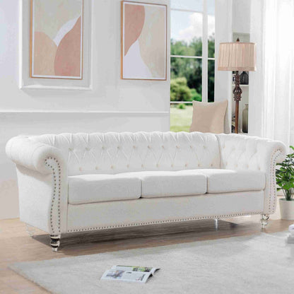 Canapé Chesterfield 3 places blanc à accoudoirs roulés