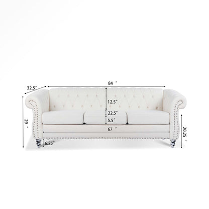 Canapé Chesterfield 3 places blanc à accoudoirs roulés
