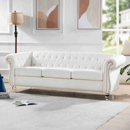 Canapé Chesterfield 3 places blanc à accoudoirs roulés