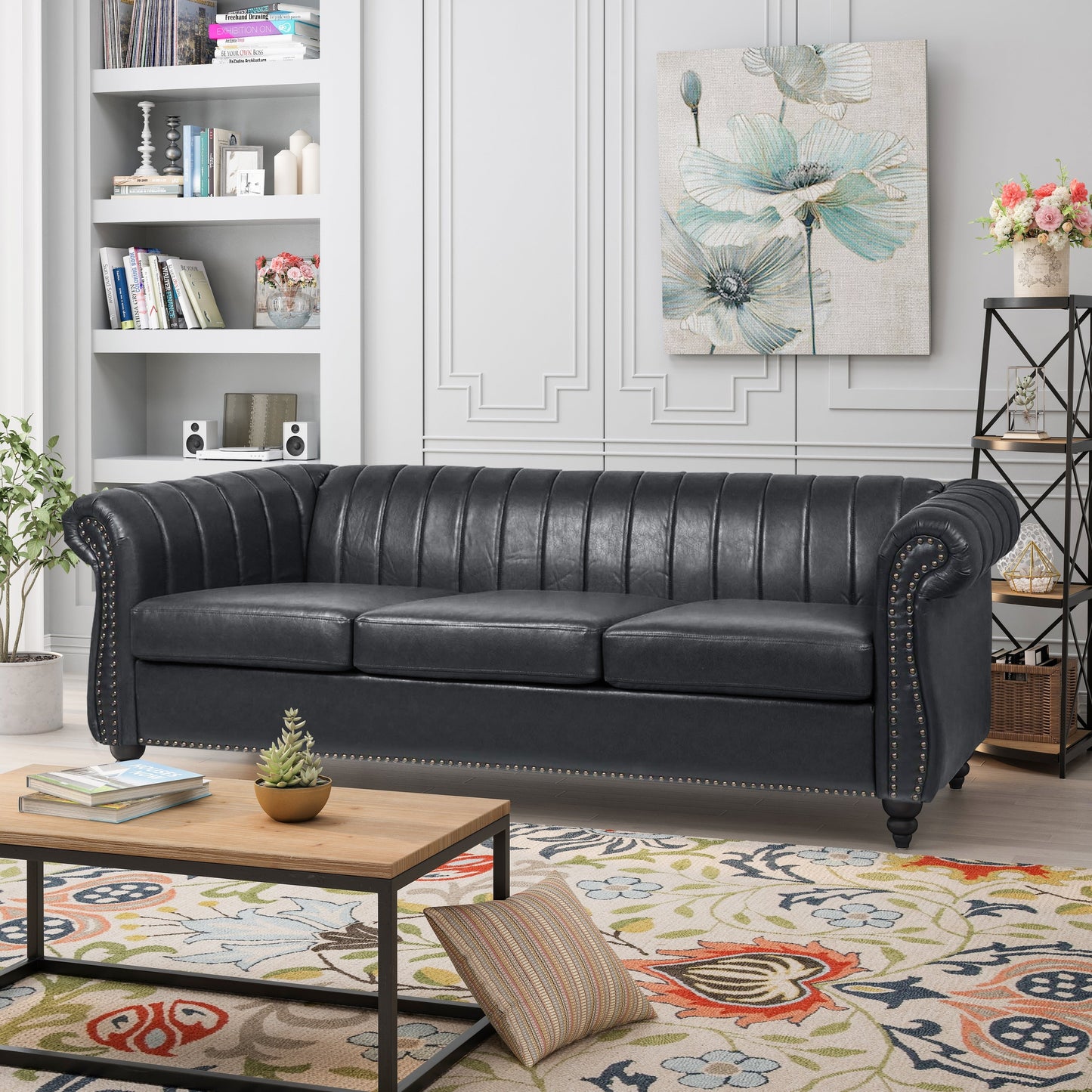 Canapé Chesterfield trois places à accoudoirs roulés en PU de 84 pouces