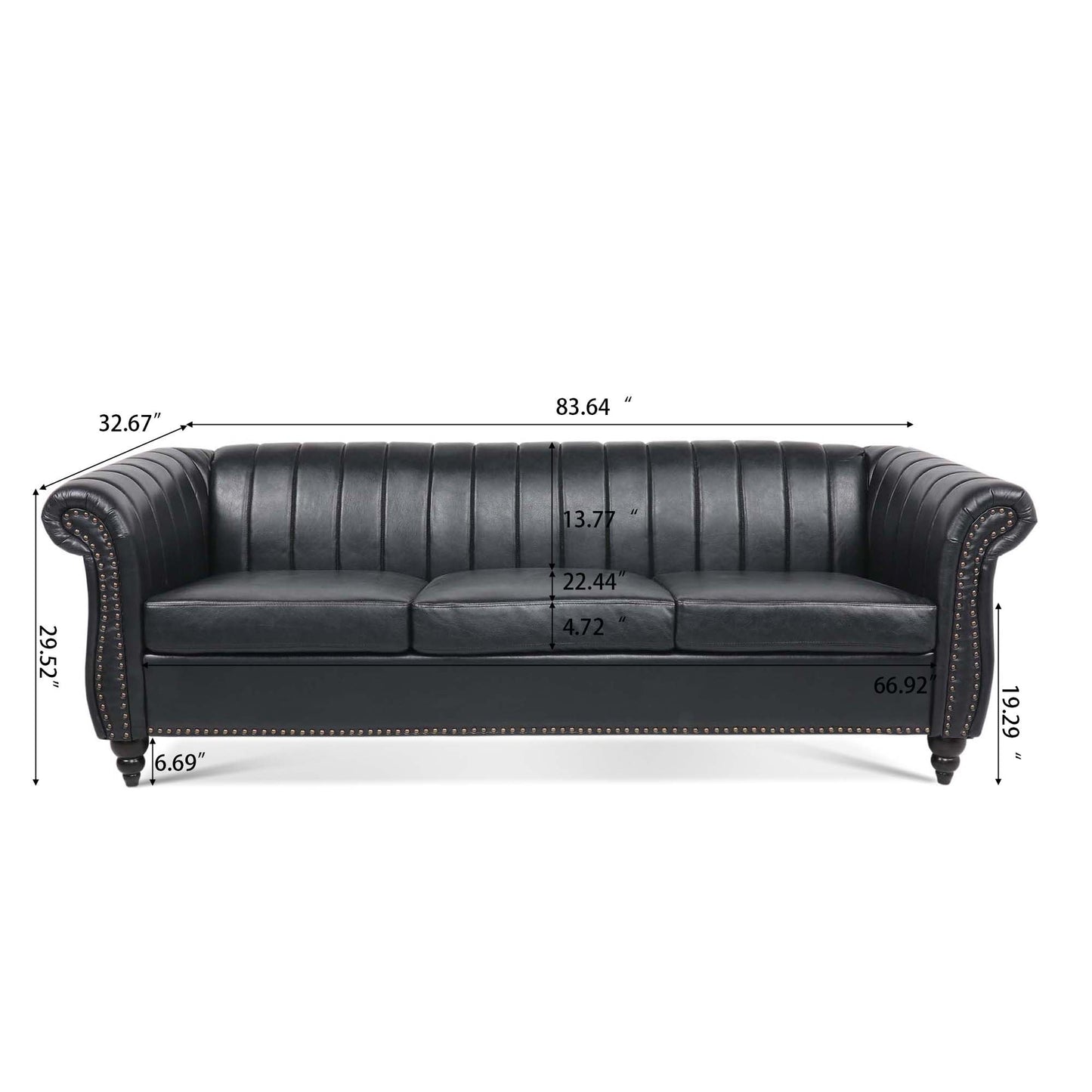 Canapé Chesterfield trois places à accoudoirs roulés en PU de 84 pouces