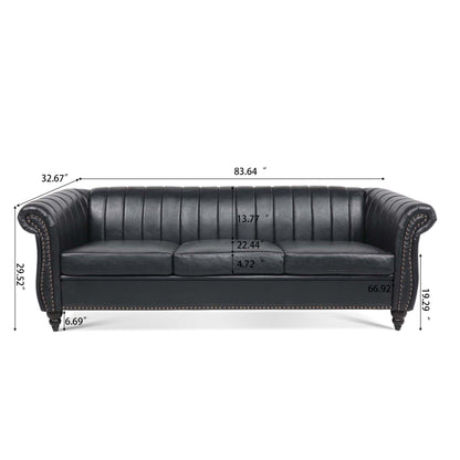 Canapé Chesterfield trois places à accoudoirs roulés en PU de 84 pouces