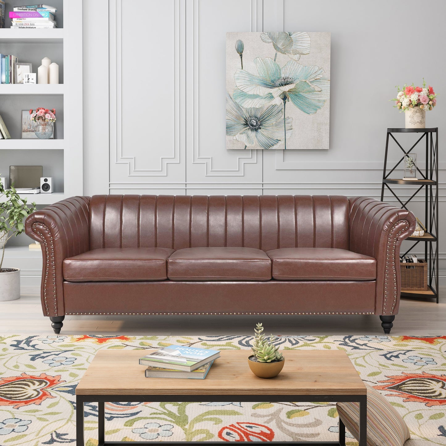 Canapé Chesterfield trois places à accoudoirs roulés en PU de 84 pouces
