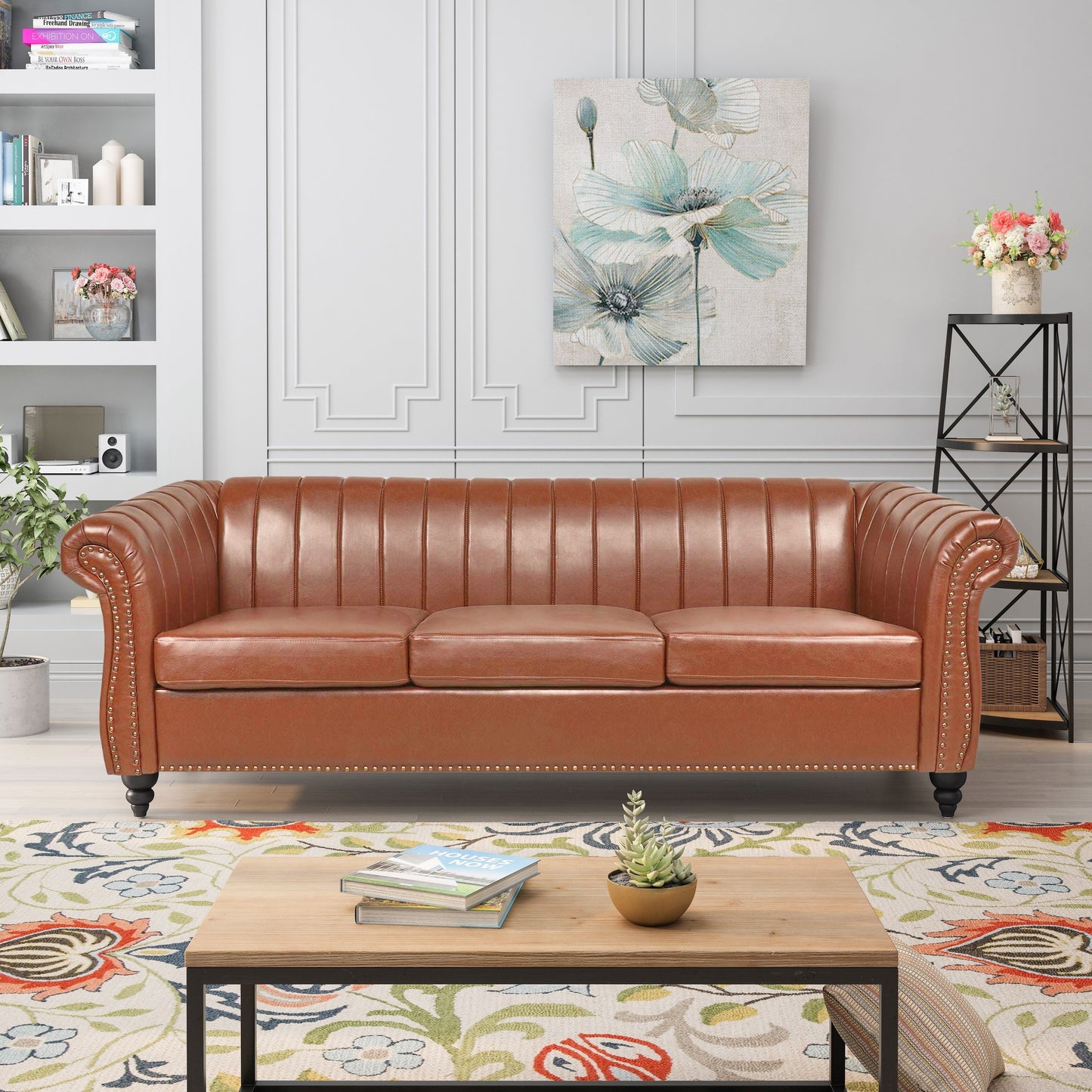 Canapé Chesterfield trois places à accoudoirs roulés en PU de 84 pouces