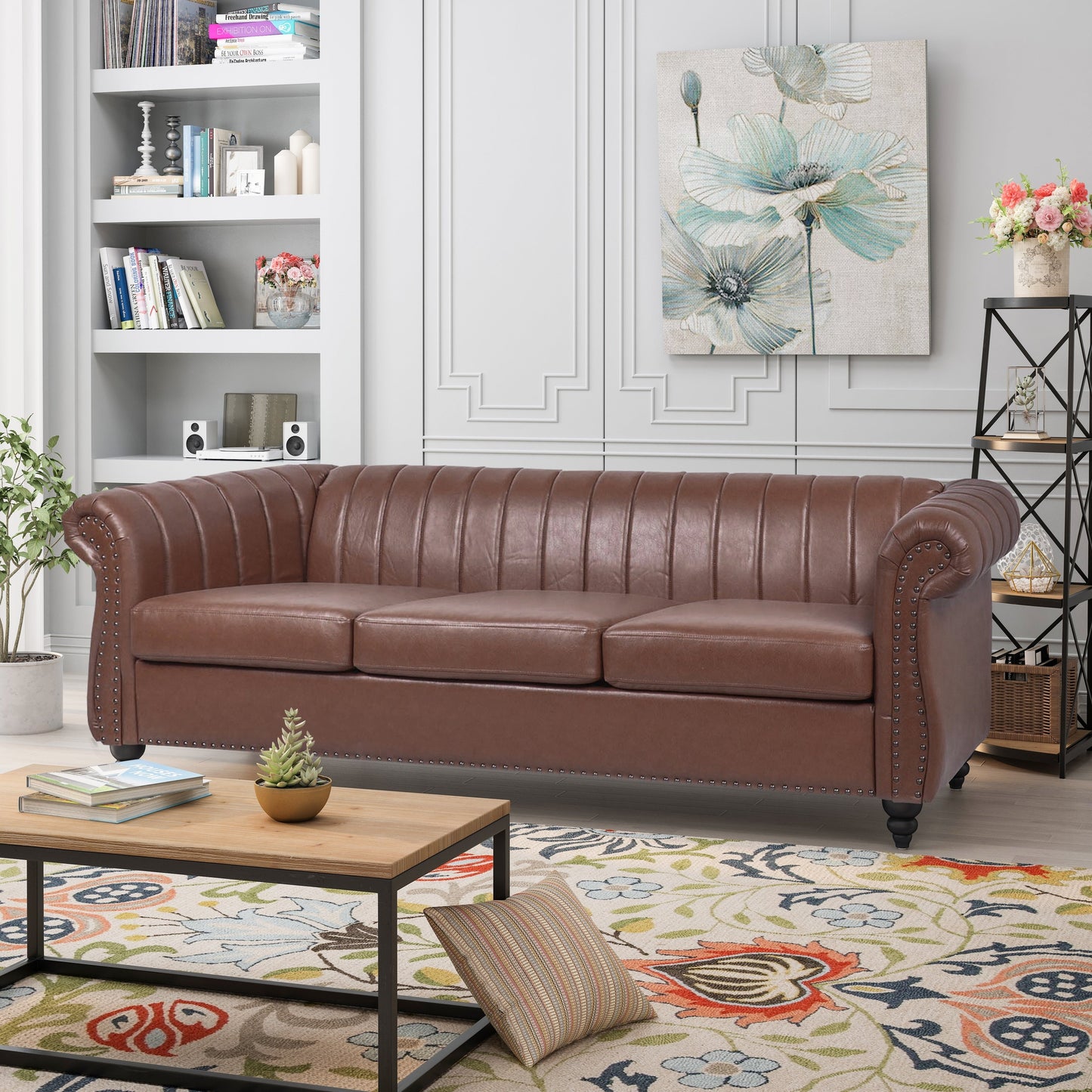 Canapé Chesterfield trois places à accoudoirs roulés en PU de 84 pouces