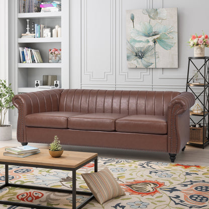 Canapé Chesterfield trois places à accoudoirs roulés en PU de 84 pouces