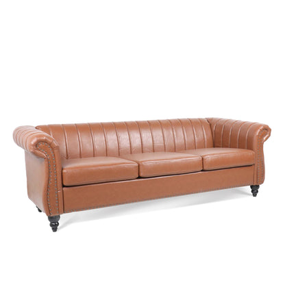 Canapé Chesterfield trois places à accoudoirs roulés en PU de 84 pouces