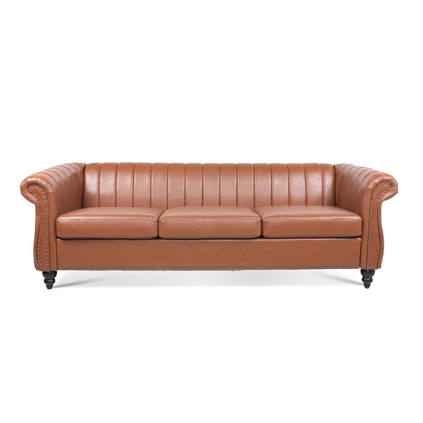 Canapé Chesterfield trois places à accoudoirs roulés en PU de 84 pouces