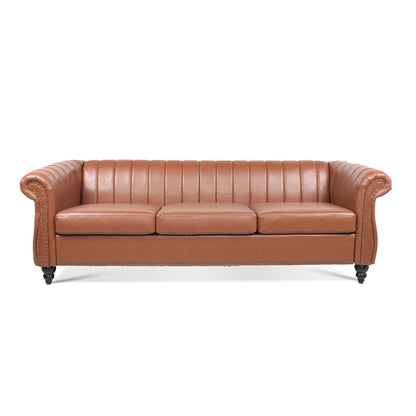 Canapé Chesterfield trois places à accoudoirs roulés en PU de 84 pouces