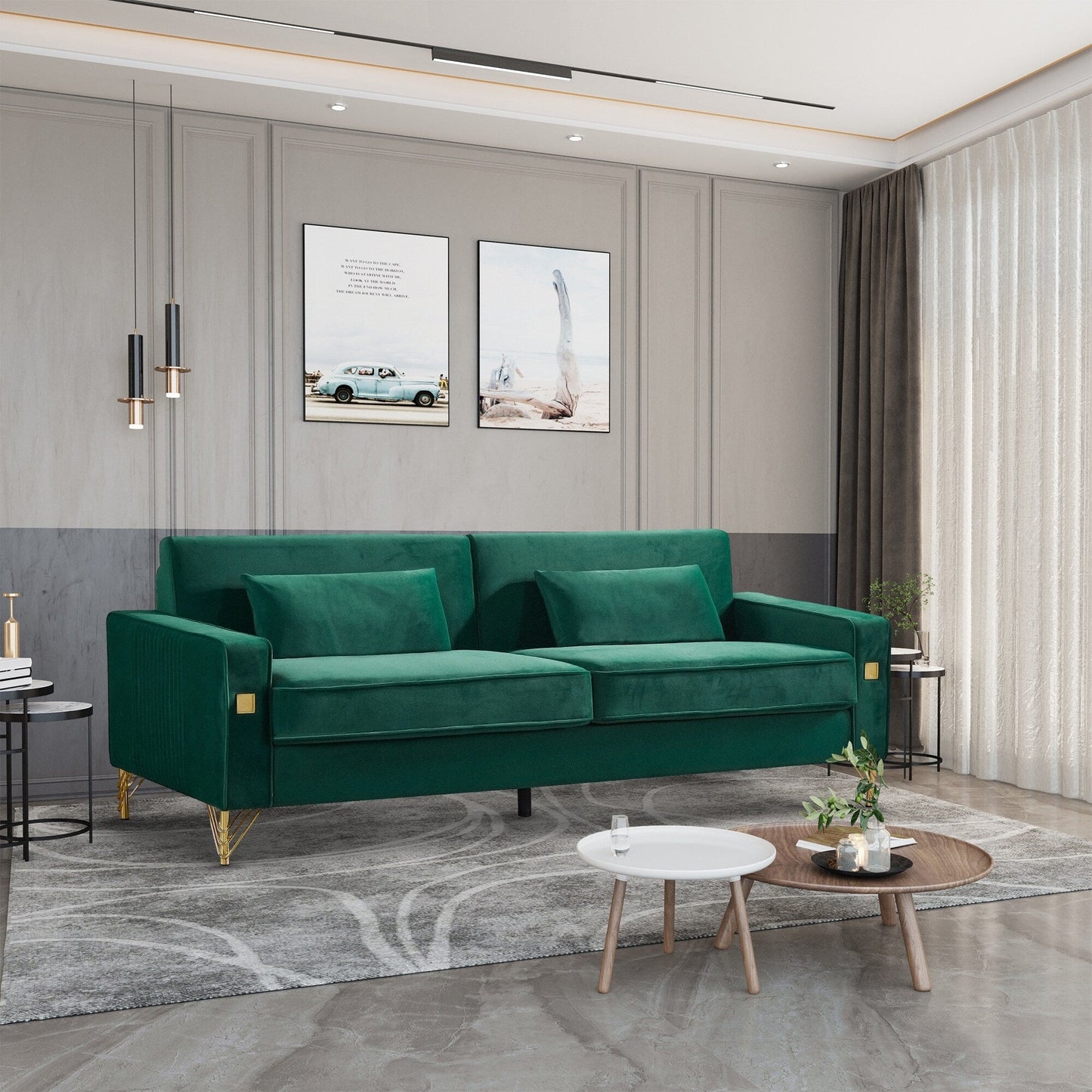 Canapé 3 places en velours moderne 85,44 po avec 2 coussins, pieds en métal doré, élégance intemporelle, mousse haute densité