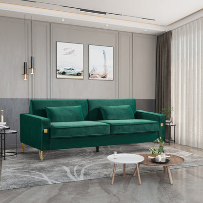 Canapé 3 places en velours moderne 85,44 po avec 2 coussins, pieds en métal doré, élégance intemporelle, mousse haute densité