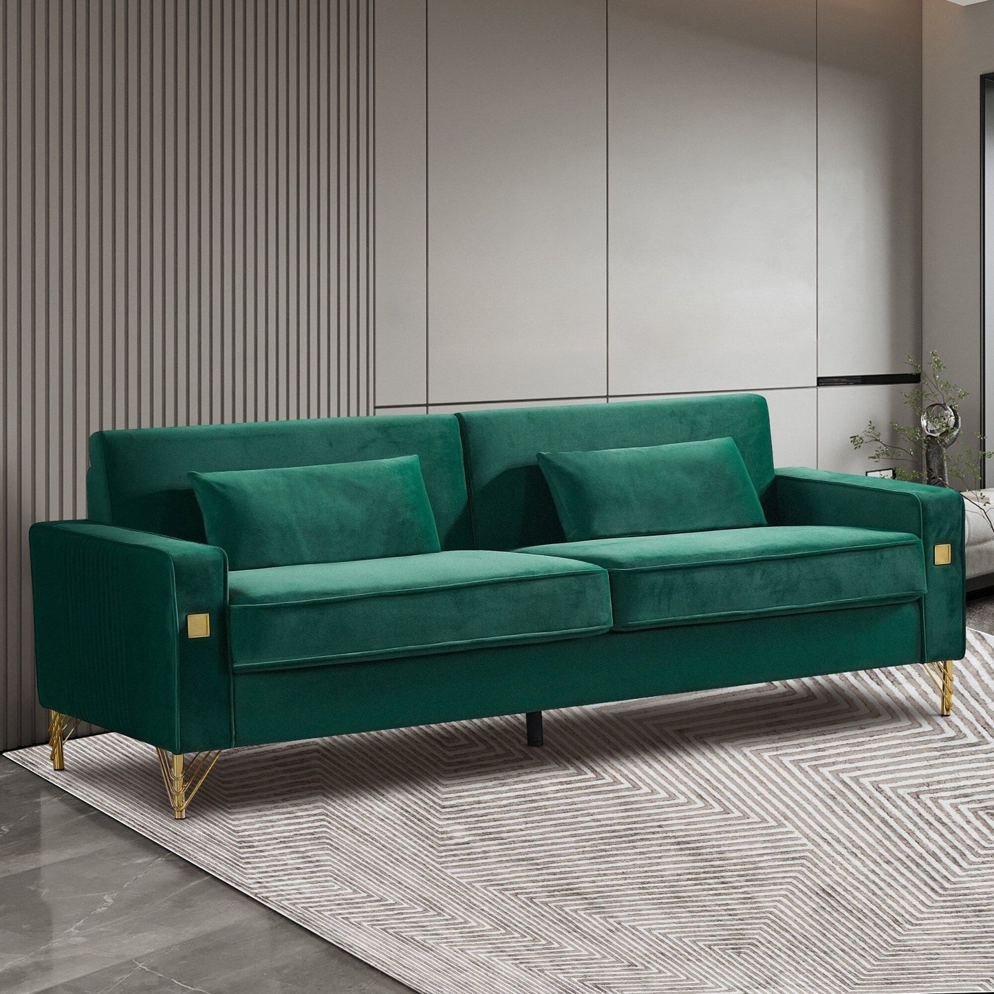 Canapé 3 places en velours moderne 85,44 po avec 2 coussins, pieds en métal doré, élégance intemporelle, mousse haute densité