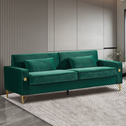 Canapé 3 places en velours moderne 85,44 po avec 2 coussins, pieds en métal doré, élégance intemporelle, mousse haute densité