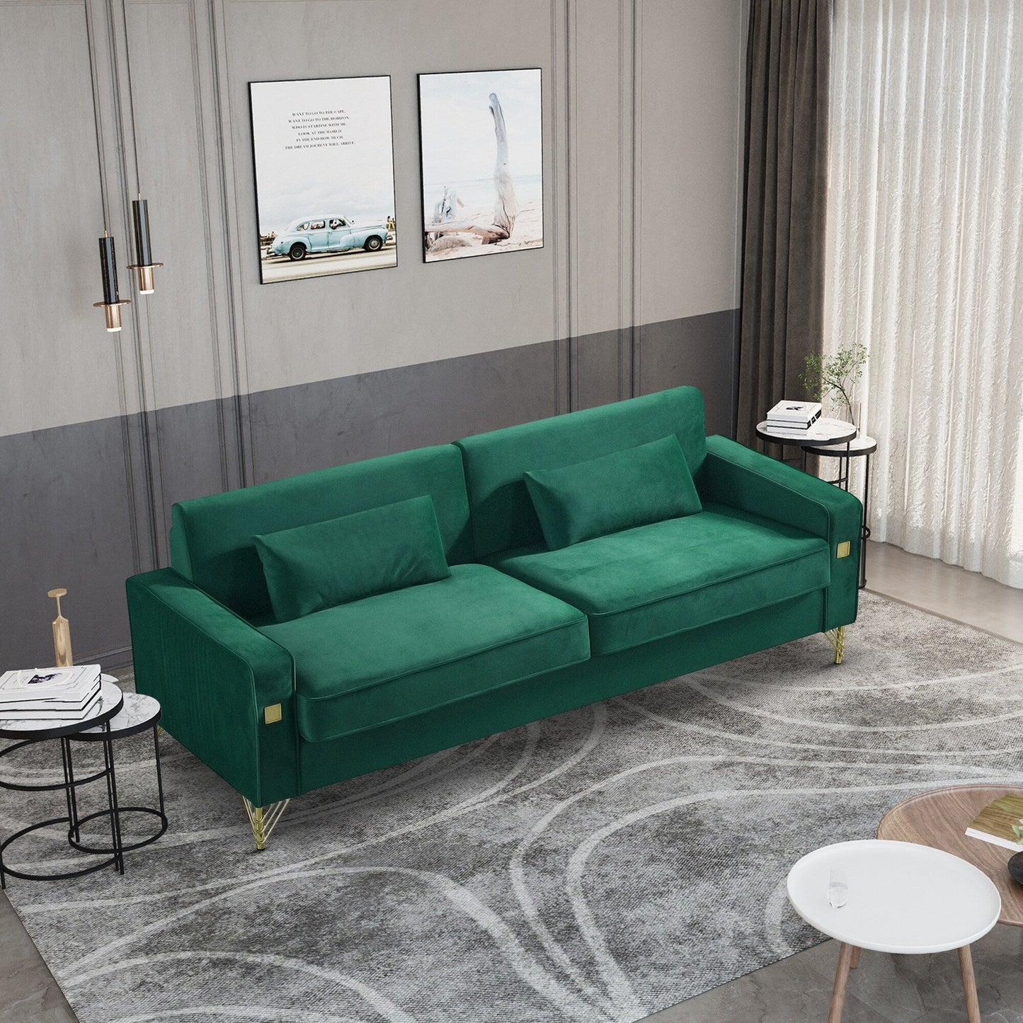 Canapé 3 places en velours moderne 85,44 po avec 2 coussins, pieds en métal doré, élégance intemporelle, mousse haute densité
