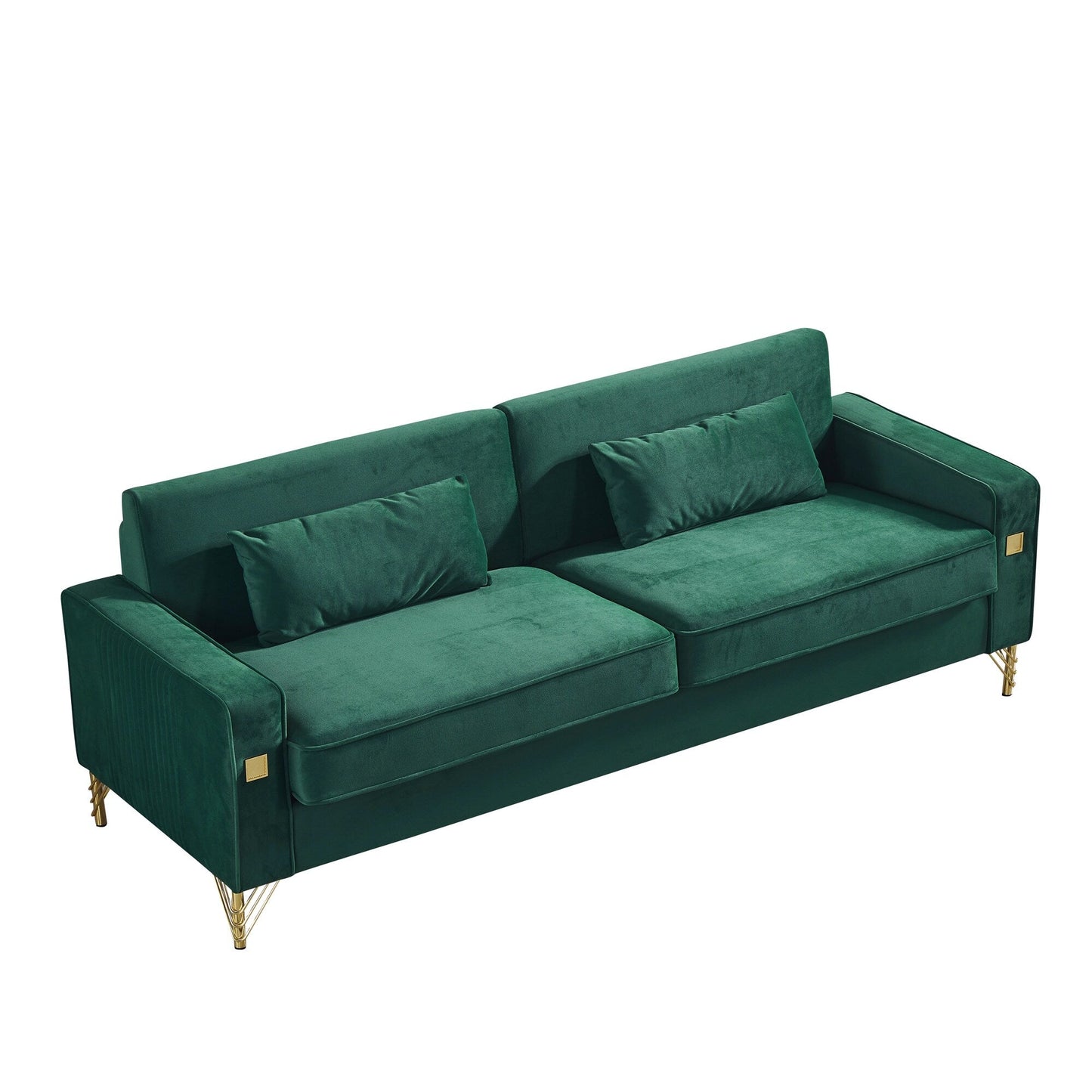 Canapé 3 places en velours moderne 85,44 po avec 2 coussins, pieds en métal doré, élégance intemporelle, mousse haute densité
