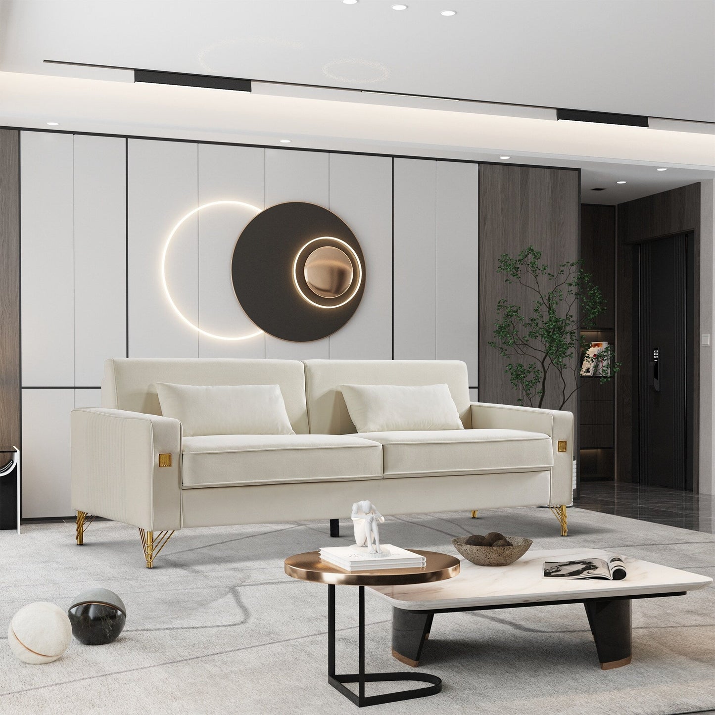 Canapé 3 places en velours moderne 85,44 po avec 2 coussins, pieds en métal doré, élégance intemporelle, mousse haute densité