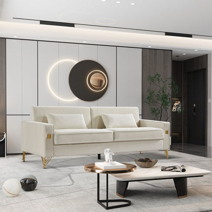 Canapé 3 places en velours moderne 85,44 po avec 2 coussins, pieds en métal doré, élégance intemporelle, mousse haute densité