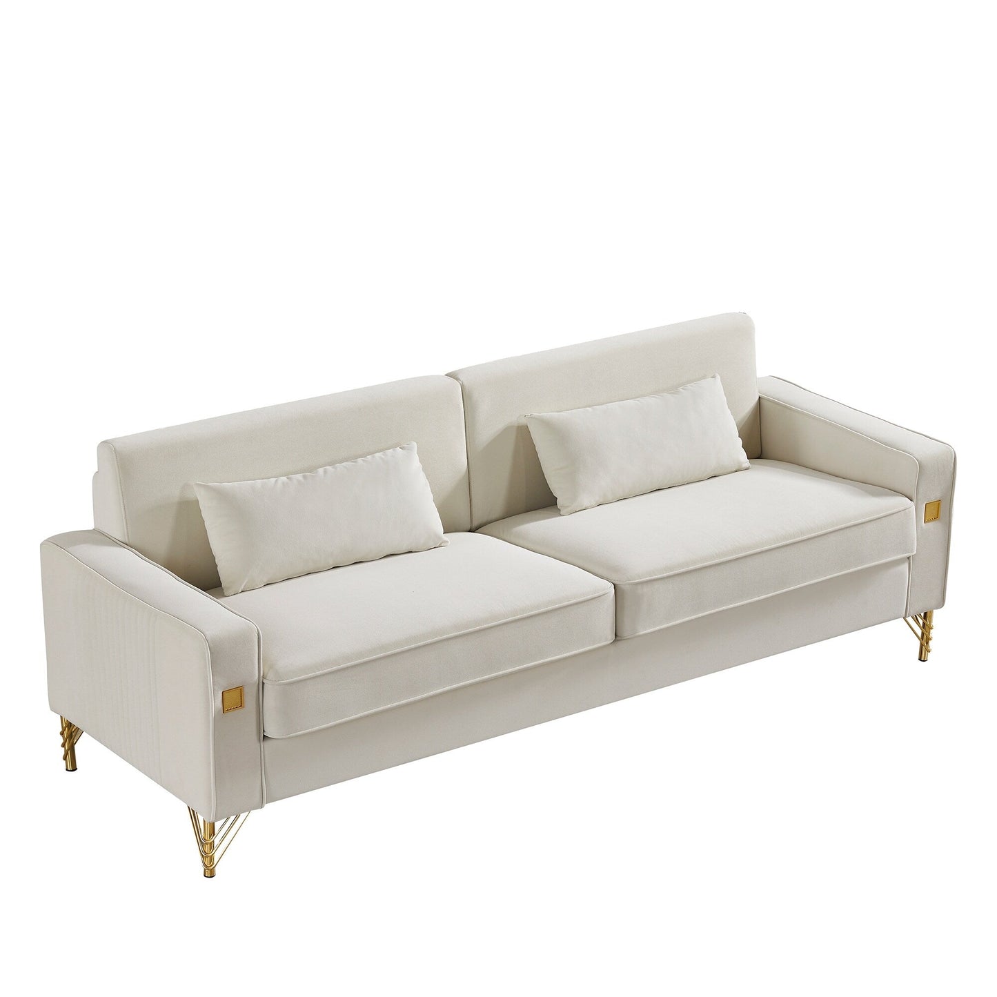 Canapé 3 places en velours moderne 85,44 po avec 2 coussins, pieds en métal doré, élégance intemporelle, mousse haute densité