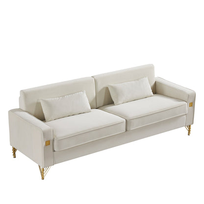 Canapé 3 places en velours moderne 85,44 po avec 2 coussins, pieds en métal doré, élégance intemporelle, mousse haute densité