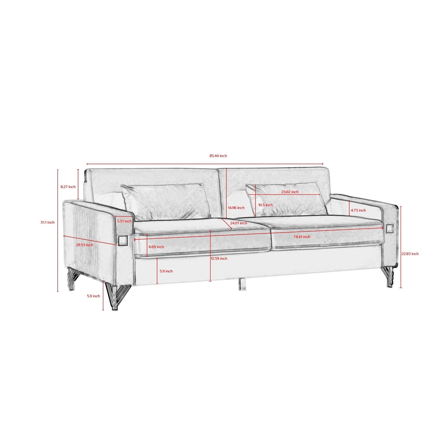 Canapé 3 places en velours moderne 85,44 po avec 2 coussins, pieds en métal doré, élégance intemporelle, mousse haute densité