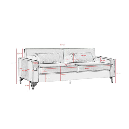 Canapé 3 places en velours moderne 85,44 po avec 2 coussins, pieds en métal doré, élégance intemporelle, mousse haute densité