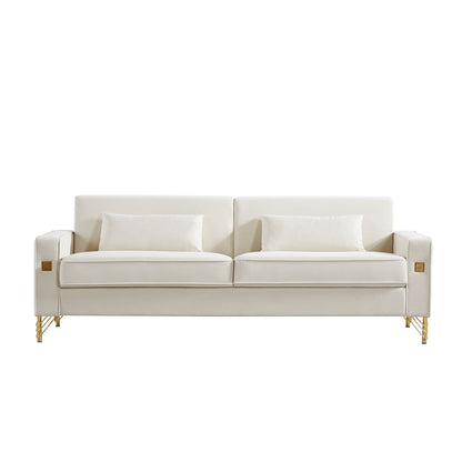 Canapé 3 places en velours moderne 85,44 po avec 2 coussins, pieds en métal doré, élégance intemporelle, mousse haute densité
