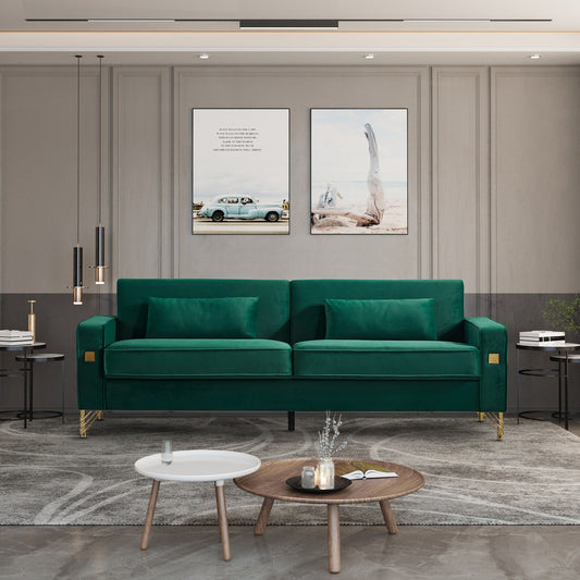 Canapé 3 places en velours moderne 85,44 po avec 2 coussins, pieds en métal doré, élégance intemporelle, mousse haute densité