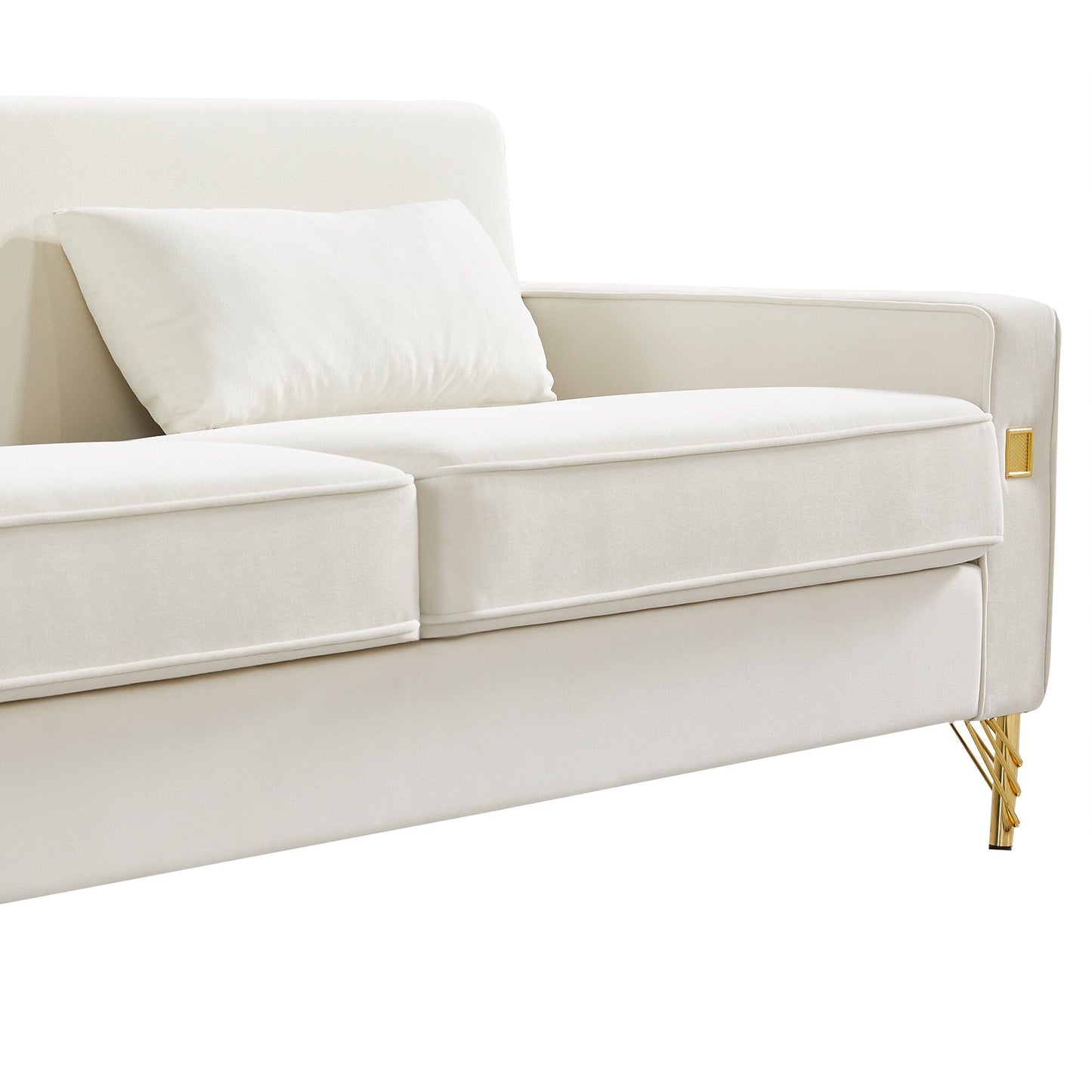 Canapé 3 places en velours moderne 85,44 po avec 2 coussins, pieds en métal doré, élégance intemporelle, mousse haute densité