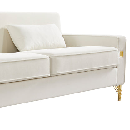Canapé 3 places en velours moderne 85,44 po avec 2 coussins, pieds en métal doré, élégance intemporelle, mousse haute densité