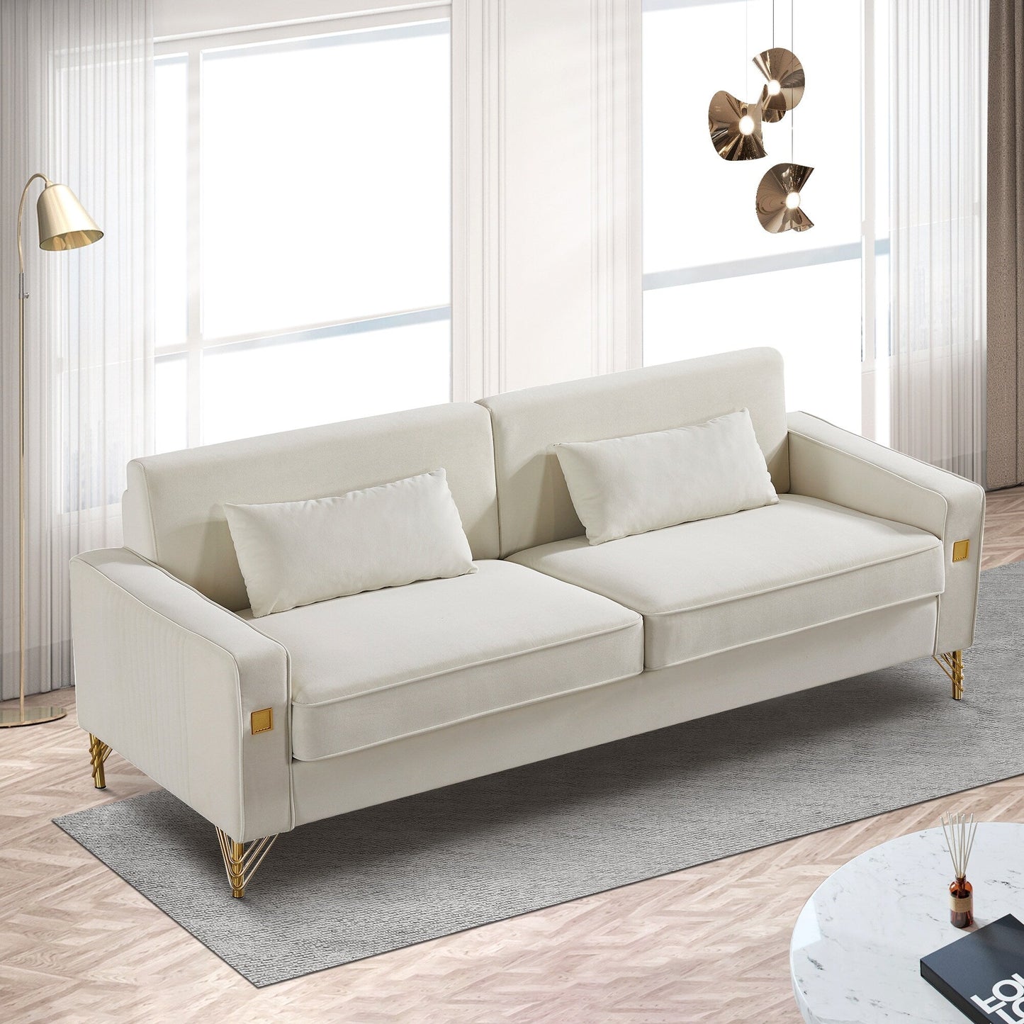 Canapé 3 places en velours moderne 85,44 po avec 2 coussins, pieds en métal doré, élégance intemporelle, mousse haute densité