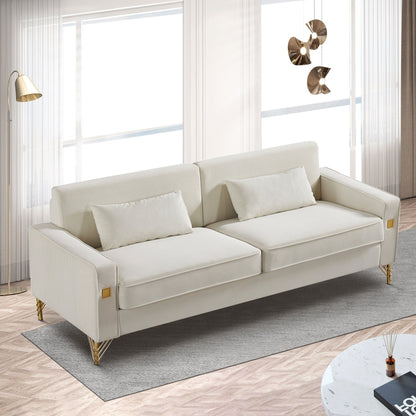 Canapé 3 places en velours moderne 85,44 po avec 2 coussins, pieds en métal doré, élégance intemporelle, mousse haute densité